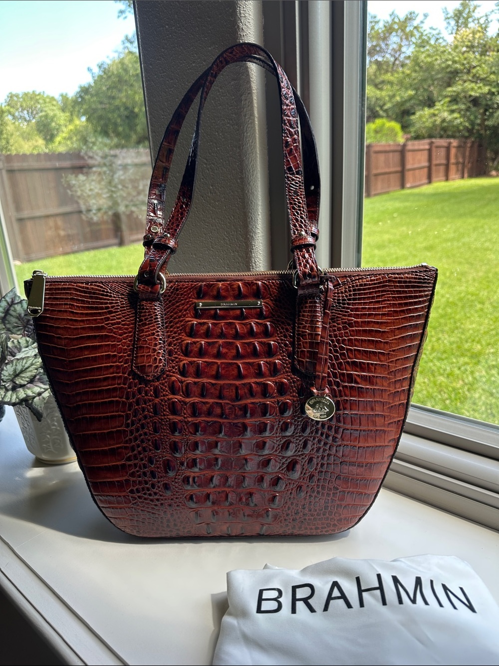 Brahmin Pecan Melbourne Willa Carryall Croc-Embossed Leather Tote